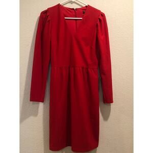 Maggy London Red V-Neck Long Sleeve Pleated Puff Shoulders Dress Size 2